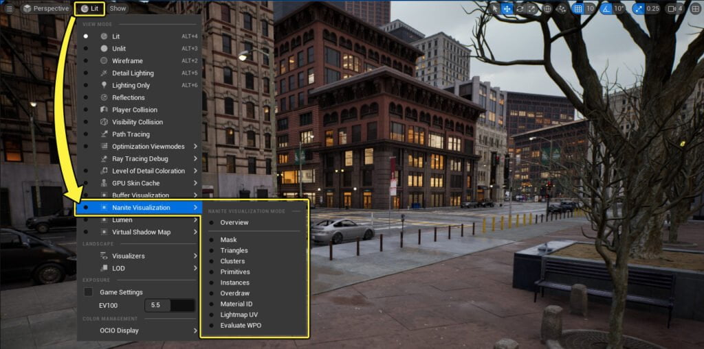 level viewport show nanite visualizations menu